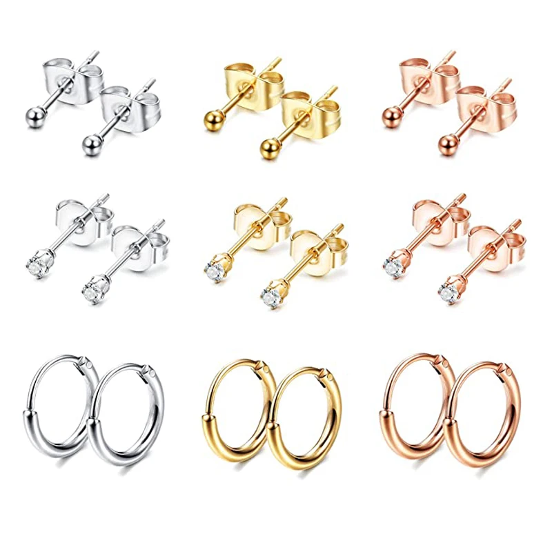 

9 Pairs/18 pcs Stainless steel fashion 2mm small earrings ladies men round cartilage earrings set