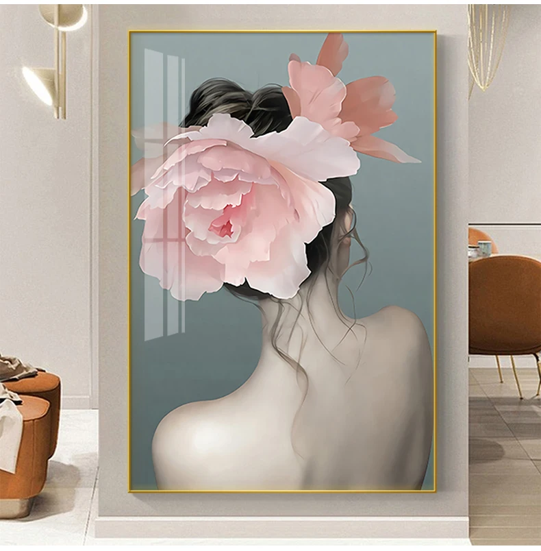 

Peony Girl Wall Art Feather Canvas Painting Nordic Poster Printing Living Room Home Decoration Wall Picture Poster.