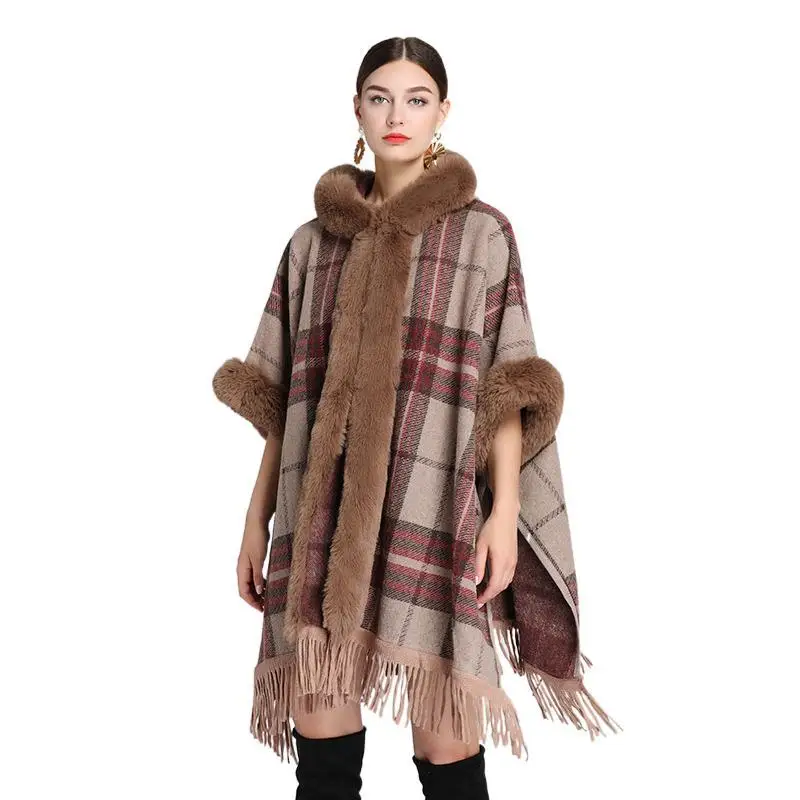 

Women's Winter Artificial Fur Hooded Collar Grid Hood Poncho Furberry Cape Cloak Geometric Pattern Oversized with Tassel Detail