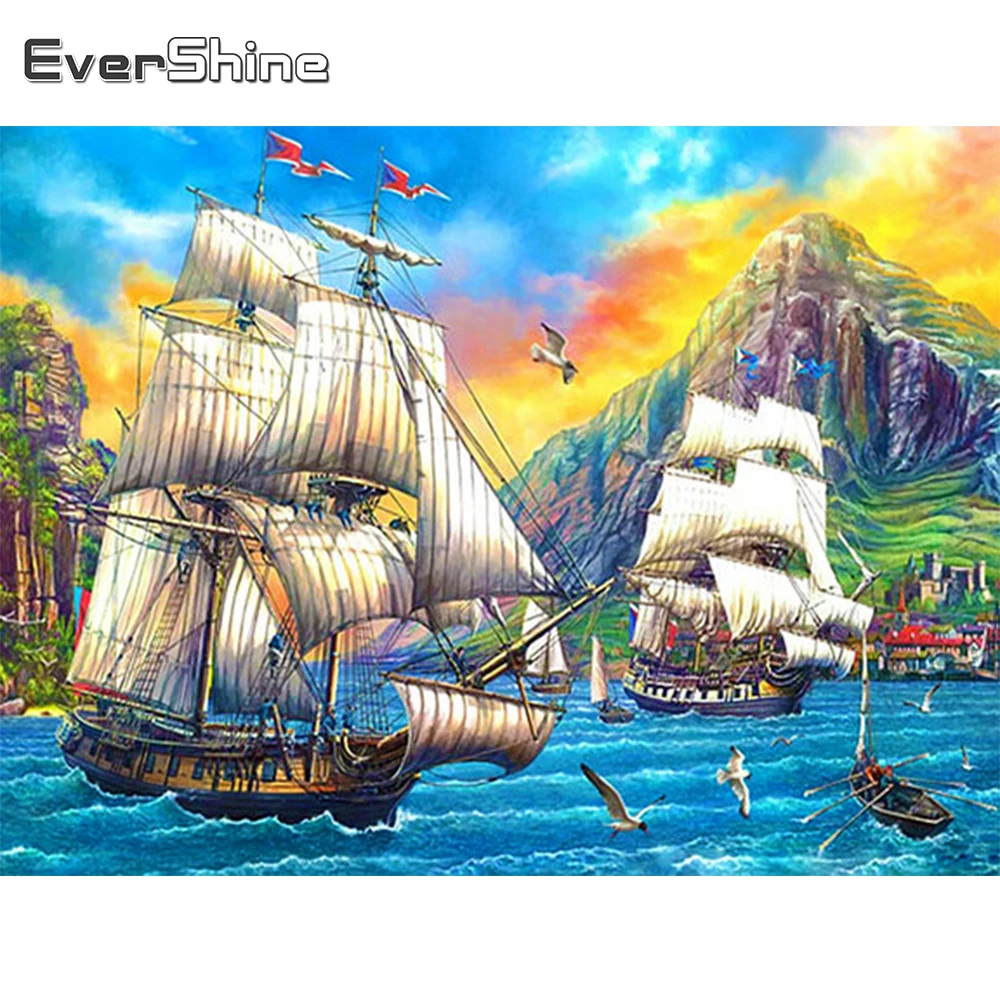 

EverShine 5D алмазная мозаика лодка картина из страз алмазная вышивка ландшафт полная Алмазная Живопись приморье подарки на новый год