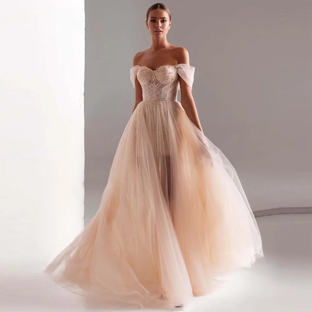 

Sevintage Elegant Tulle Prom Dresses Sequined Beading Off the Shoulder Sweetheart A Line Long Evening Gowns Wedding Party Dress