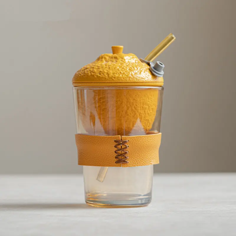 

380 мл, стеклянная чайная чашка в форме лимона с чайным вкладышем, отдельная вода, кофейная чашка для женщин и девочек с соломинкой, портативн...