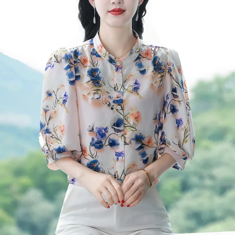 Шифоновая винтажная женская рубашка летняя повседневная блузка с принтом