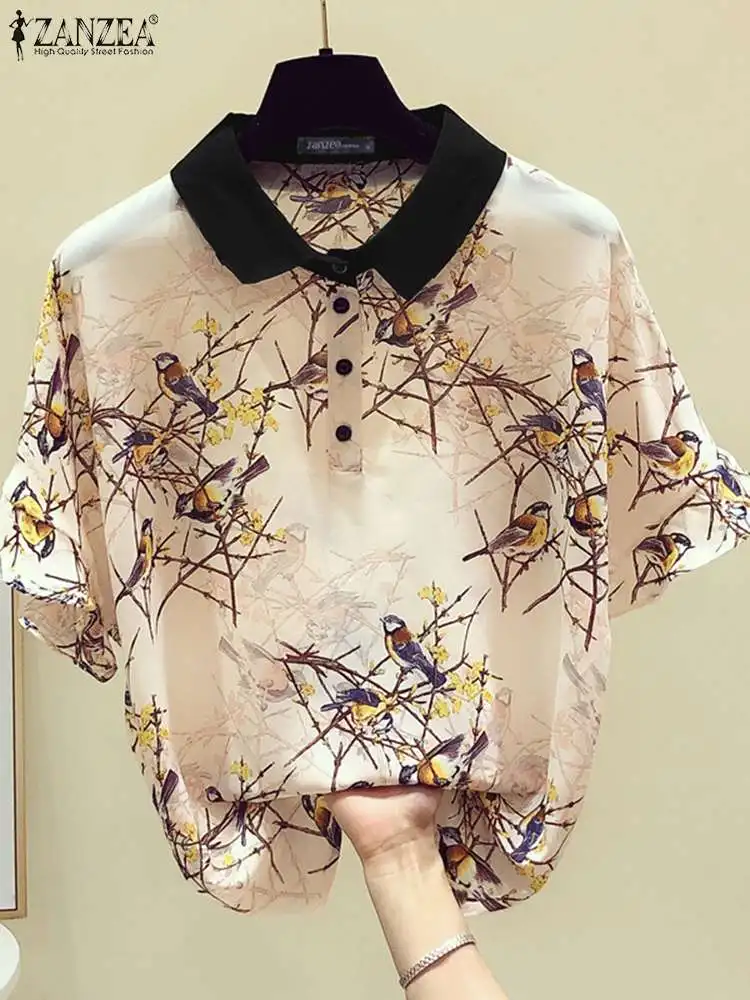 Женская блузка с оборками ZANZEA летняя рубашка принтом винтажная отложным