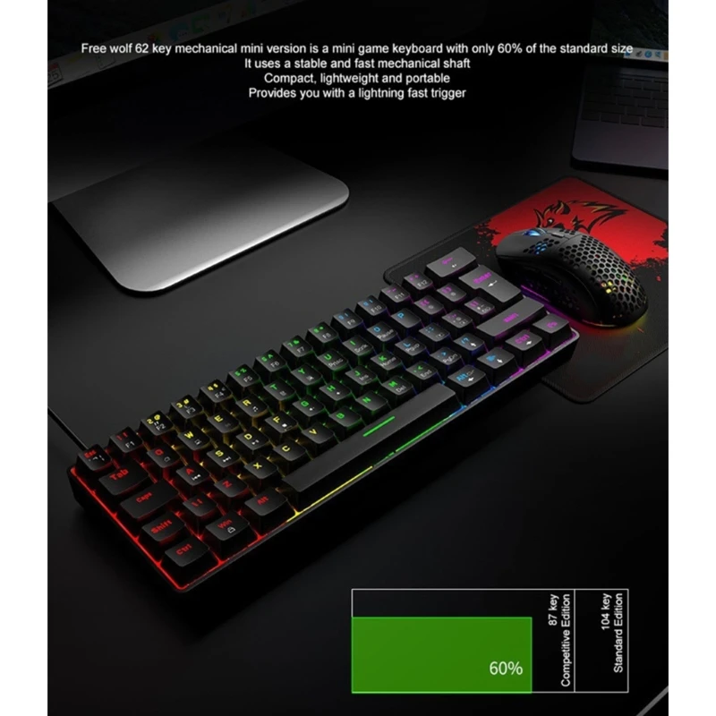T60 Keyboard and Mouse Set Mechanical Keyboard Set 62 Keys RGB 6400 DPI Optical Gaming Mouse with Pad For Gamer Desktop images - 6