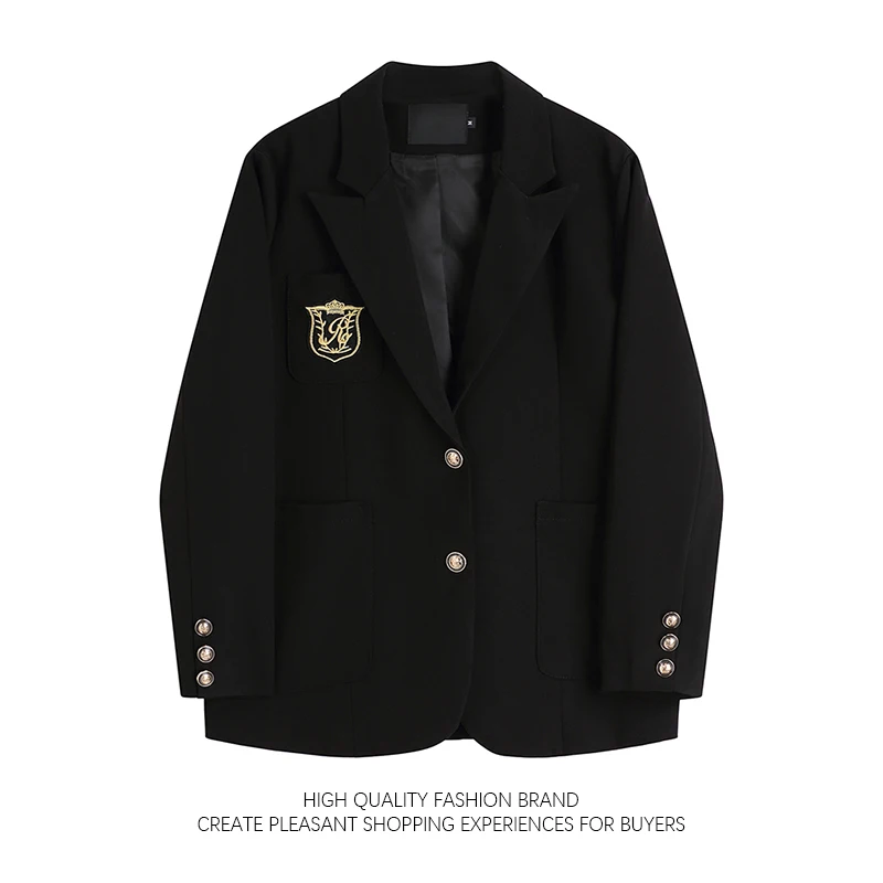 Женский костюм с эмблемой в стиле колледжа черная куртка на пуговицах весну и
