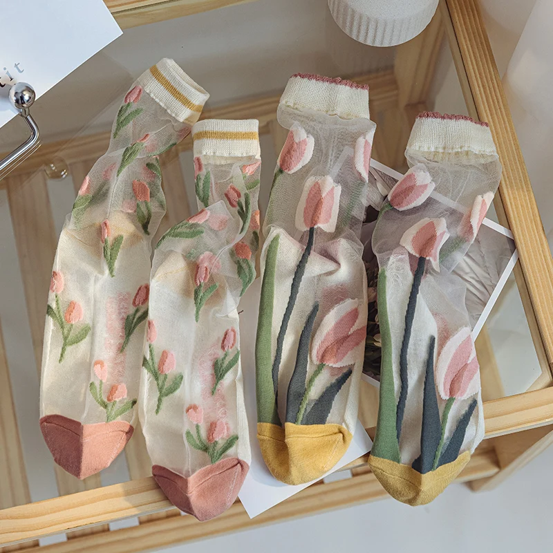 Fashion Summer Harajuku Crew Socks Ultra-thin Transparent Crystal Silk Socks WomenRetro Flower Streetwear Elastic Long Socks