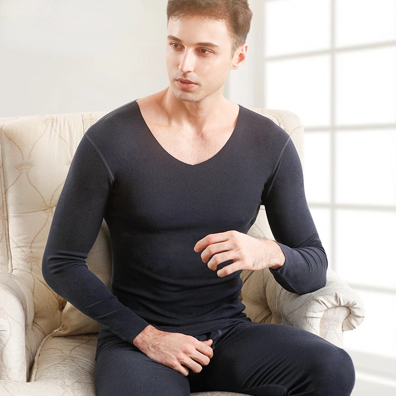 Men's Thermal Underwear Double-sided Brushed Slim V-neck Long Suit Pant Suit Base Coat Plush Thickened Pajamas Home Clothes