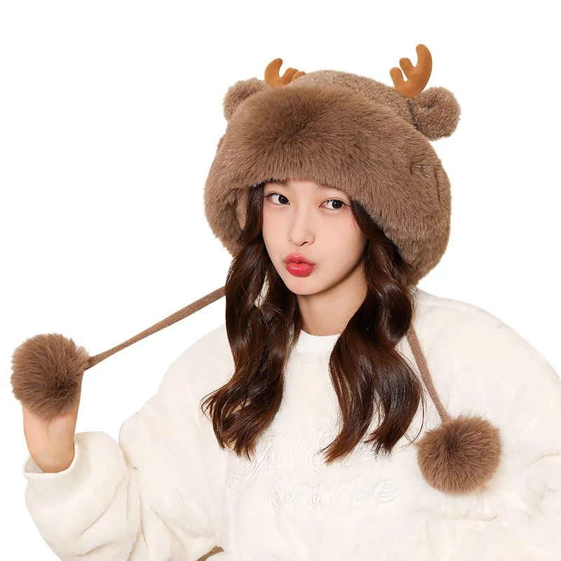 Cute Antler Hat for Women Winter Plush Warm Hat Plush Fashion 2022 New Kawaii Casual Cosplay Cartoon Animals Fuzzy Gift Hats