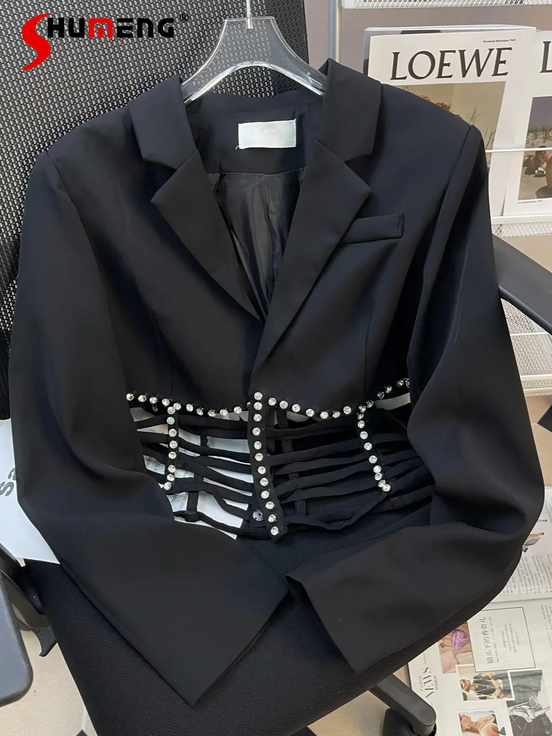 French Style Exquisite Rhinestone Hollow-Out Short Suit Coat Women's Autumn and Winter Elegant Outdoor Black Suit Jacket