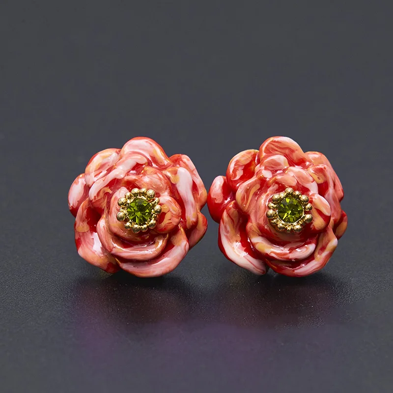 

Enamel Glaze Diamond Red Rose Flower Stud Earrings