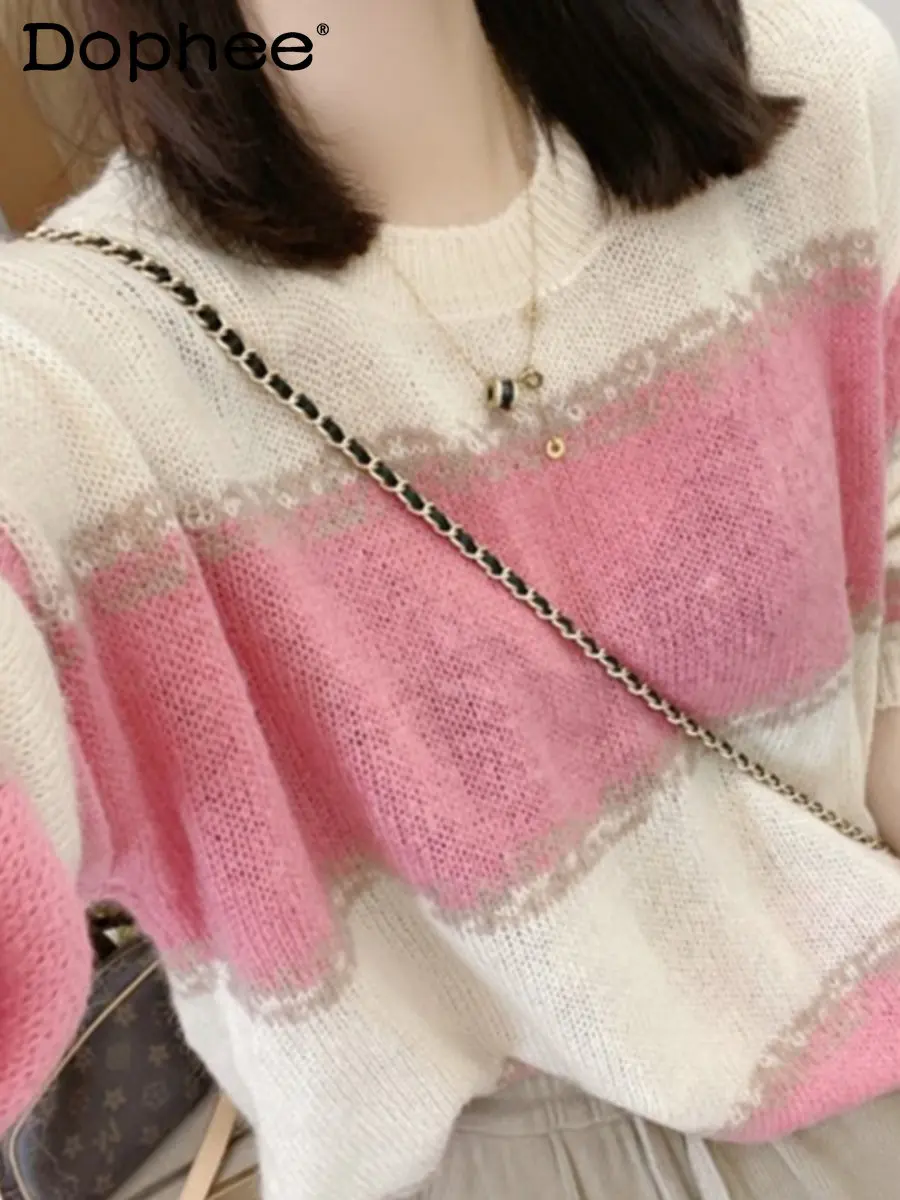 

2022 New Autumn Winter Color Matching Striped Cashmere Sweater Women Sweet All-Matching O-Neck Long Sleeve Bottoming Sweater Top