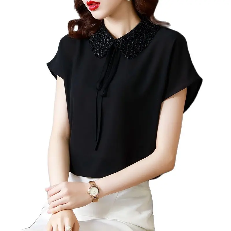 

Шелковая атласная тонкая женская блузка, новинка, Повседневная Блузка, Однотонная рубашка-поло с бантом, летняя мода, топ с коротким рукавом...