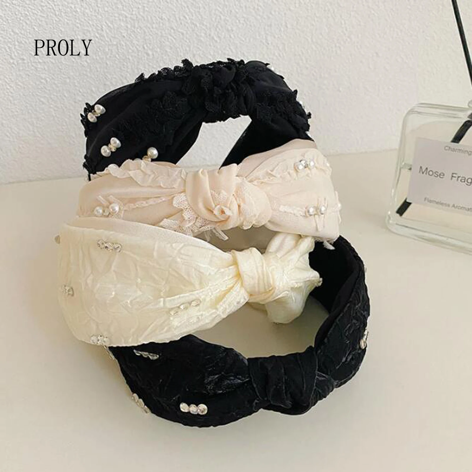

PROLY New Fashion Women Headband Fresh Color Lace Hairband Center Knot Turban Girls Pearls Headwear Hair Accessories