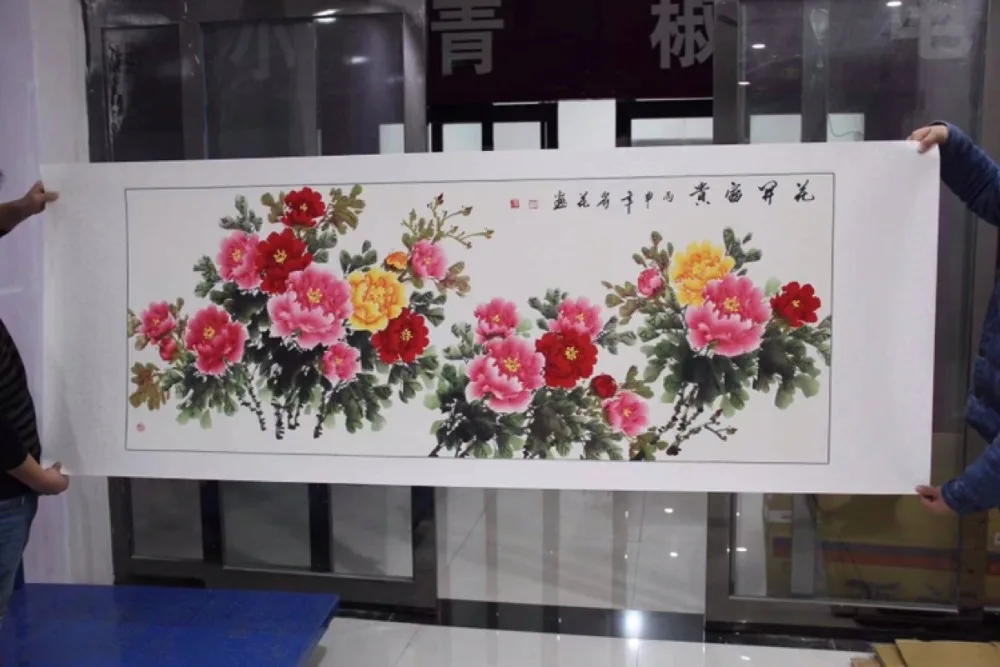 

HUGE TOP 100% Hand Painted ART HOME Company hall Lobby Vestibule WALL Decorative painting Rich Peony Flowers china painting
