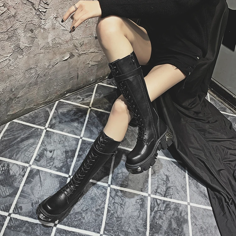

cowhide thigh high boots with zipper knee-high leather boots keep warm round toe shoes British style Knight boots women boots