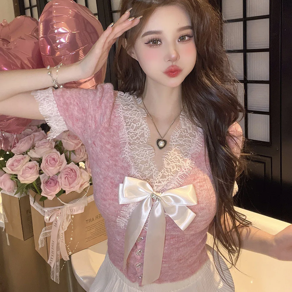 Женский трикотажный свитер с бантом Летний джемпер длинным рукавом и кружевом 2024