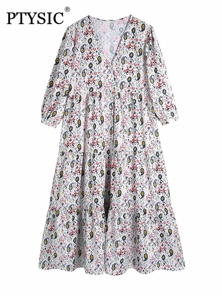 

Женское Элегантное Длинное Платье с принтом, Макси-платья с круглым вырезом, V-образным вырезом, рукавами до локтя, оборками на Подоле и высо...