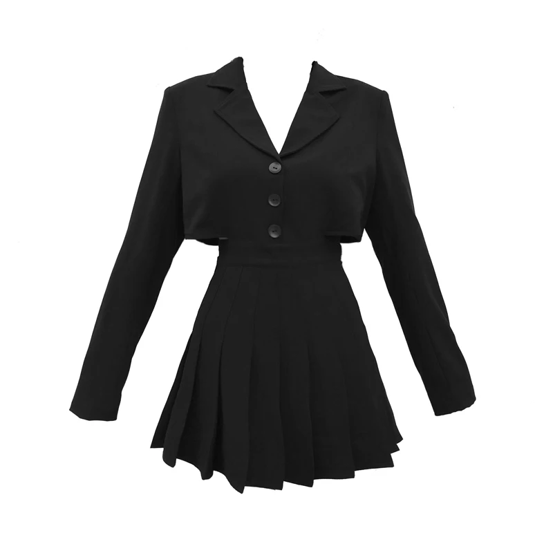 

2022 Women Blazer Dress Long Sleeve V-neck Button Front Hollowed Out Pleat Sexy Mini Dress Elegant Office Wear Skirt Vestidos