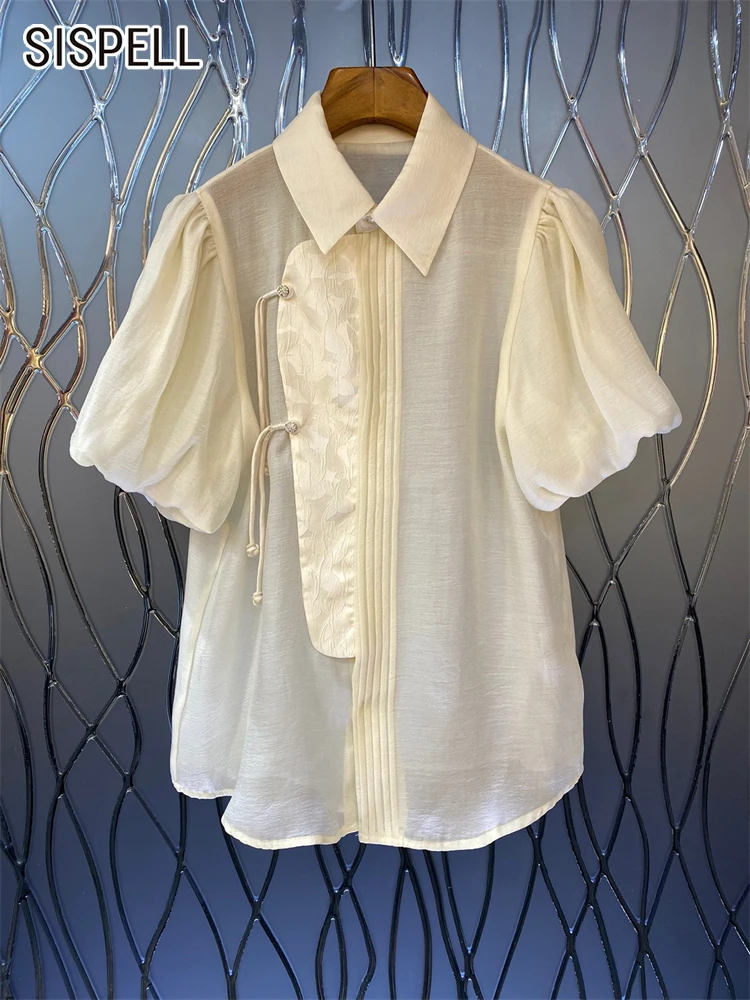 

SISPELL Summer Fashion Casual Shirt For Women Lapel Short Sleeve Patchwork Loose Straight Blouses Female Clothing Style New 2022
