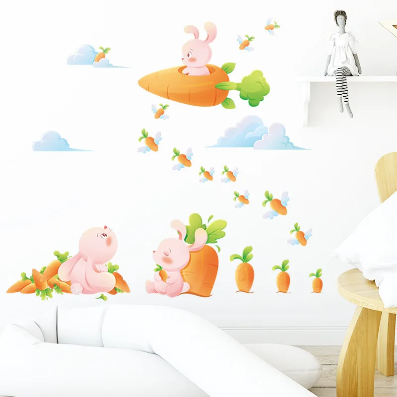 

Cartoon Cute Bunny With Radish Kindergarten Pvc Material Self-Adhesive Wall Stickers Wall Decor Home Accessories Wallpaper