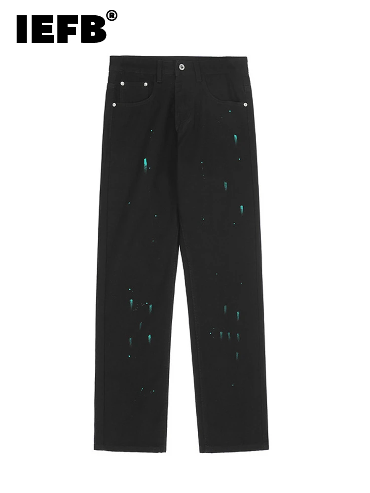 

IEFB Ink Splash Printting Men's Black Jeans High Street Hip-hop Denim Trousers 2022 New Casual Straight Long Pants Chic 9A1065
