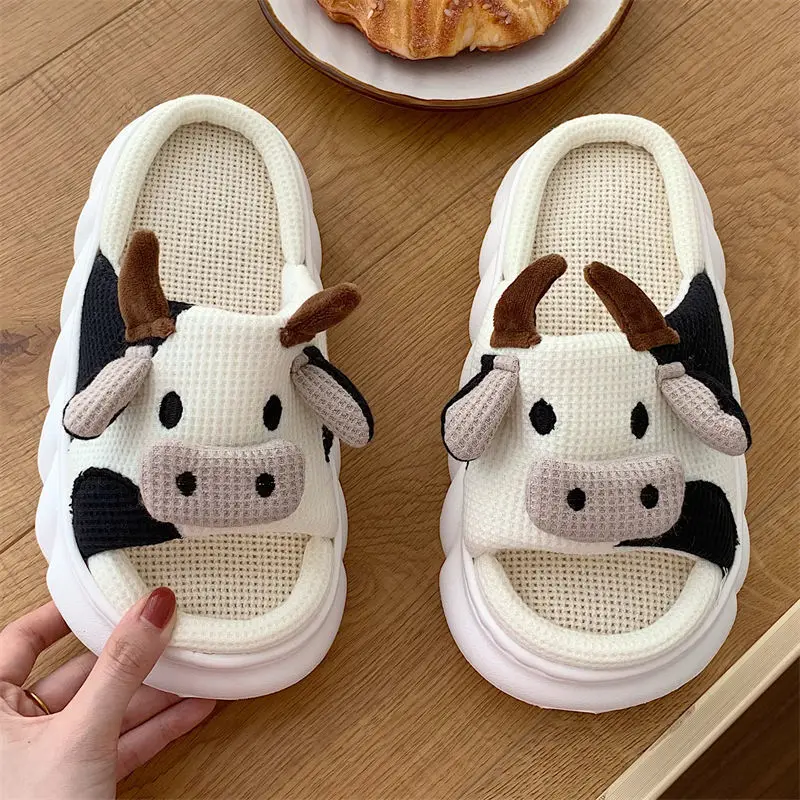 Cute slippers women cow linen slippers female summer Carrot Platform slippers indoor Outdoor slippers Four seasons home shoes