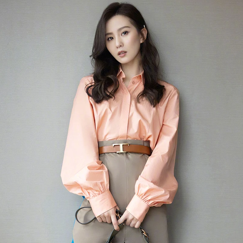 

Женская модельная рубашка с отложным воротником, элегантная дизайнерская блузка розового цвета с рукавами-фонариками, Офисная Свободная блузка, Новинка осени 2022