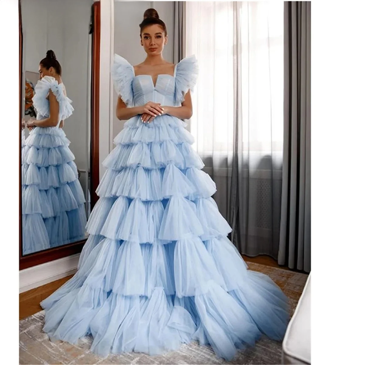 

Evening Dresses Sky Blue Tulle Square Collar Robe De Soiree Puffy Sleeve Pleat Tiered Cake Party Gown Mono Vestidos De Mujer