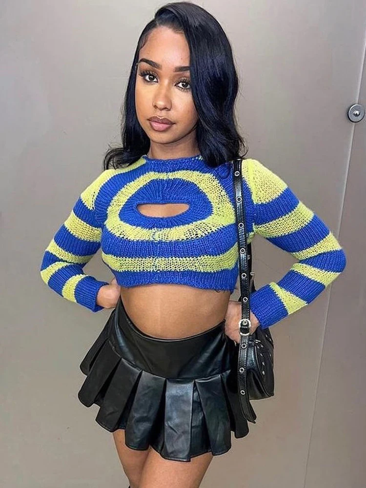 

Женский полосатый трикотажный свитер Sifreyr, повседневный укороченный топ с круглым вырезом, модная уличная одежда для весны и лета