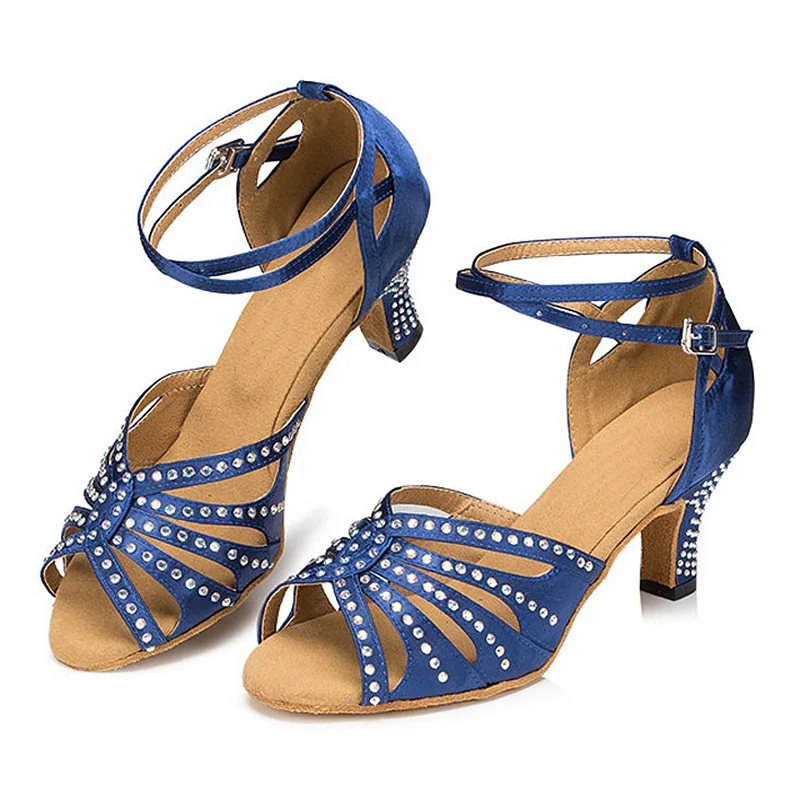 

With Drill Latin Dance Shoes for Women High Heels Tango Sandals Hollow Out Pary Performance Dancing Shoes Free Shippingblule