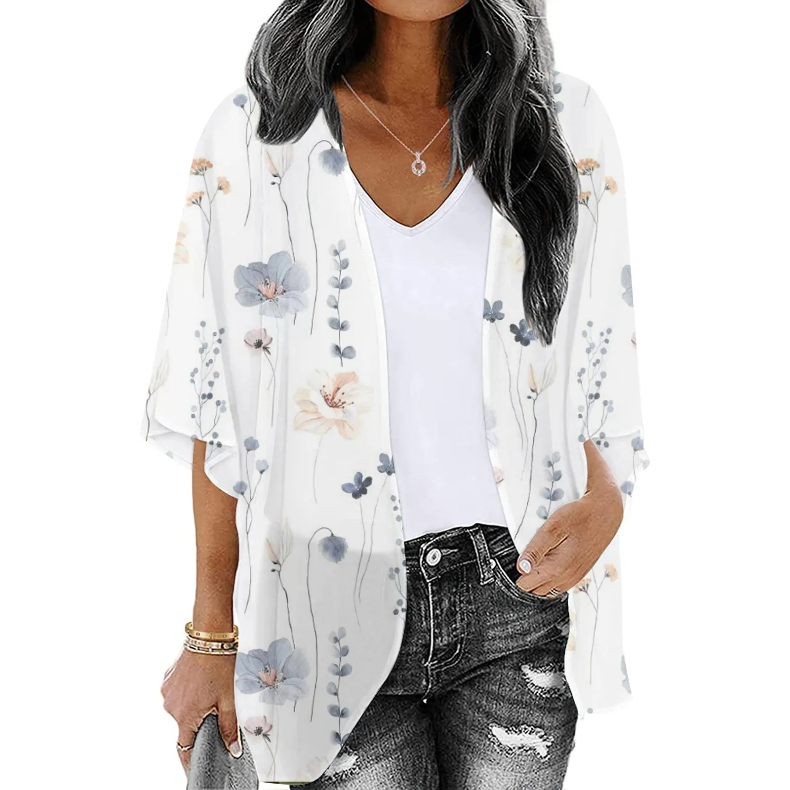 

Summer Womens Floral Printed Puff Sleeve Chiffon Kimono Cardigan Loose Loose Button Shirts Casual White shirt Lapel Geometric