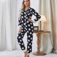 dropshipping ladies pajamas black dot shirt sleep two piece sets womens outfits bathrobe home clothes nightwear blouse trousers