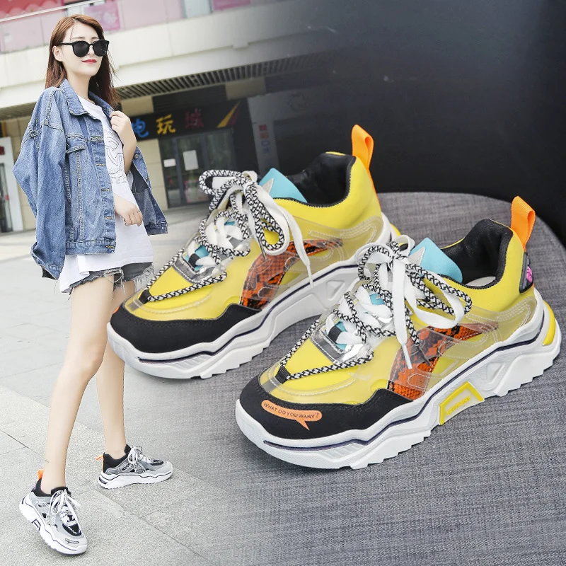 

2021 Spring Women Platform Chunky Sneakers Fashion Yellow Green Woman Shoes Female Trainers Vulcanized Shoes Big Size 42