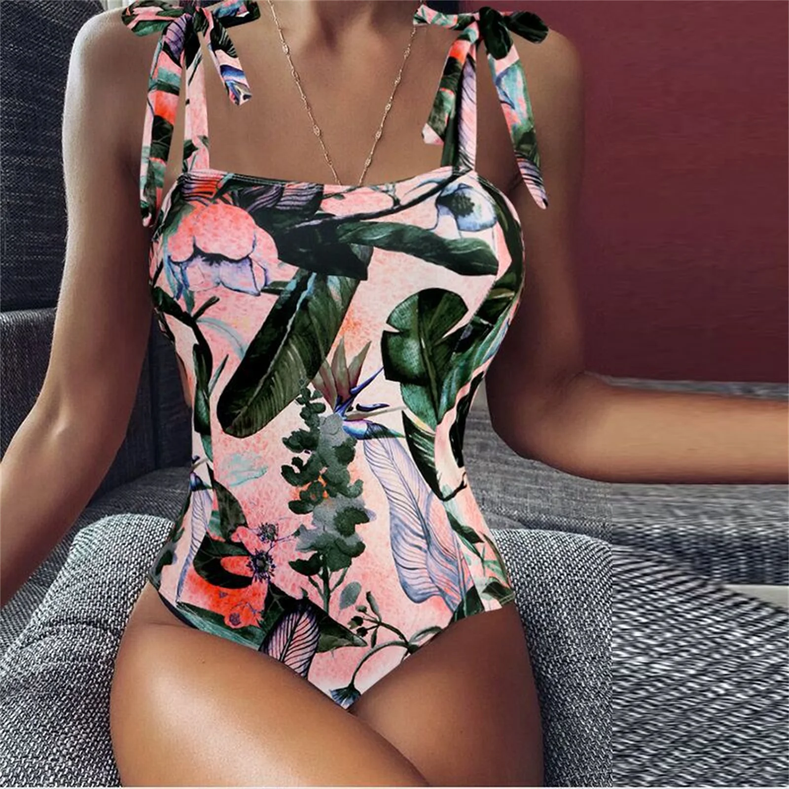 

Suspender One Piece Bikini Sexy Print High Elasticity Quick Dry Swimsuit Vacation Beach Surf Swimwear