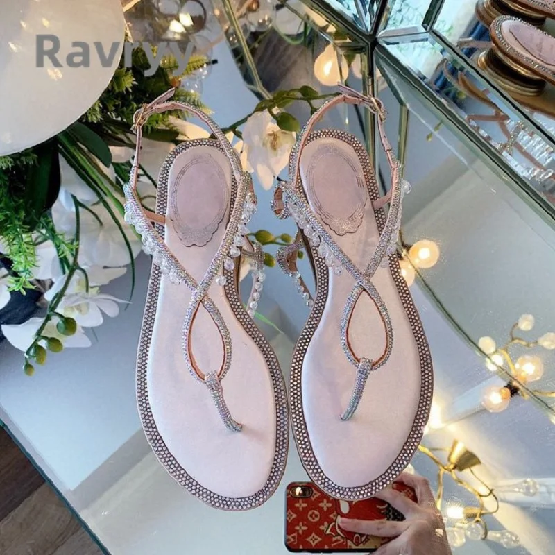 2023 Summer New Genuine Leather Sandals Shallow Mouth Crystal Flat Bottom Buckle Sandals Versatile Herringbone Women's Shoes