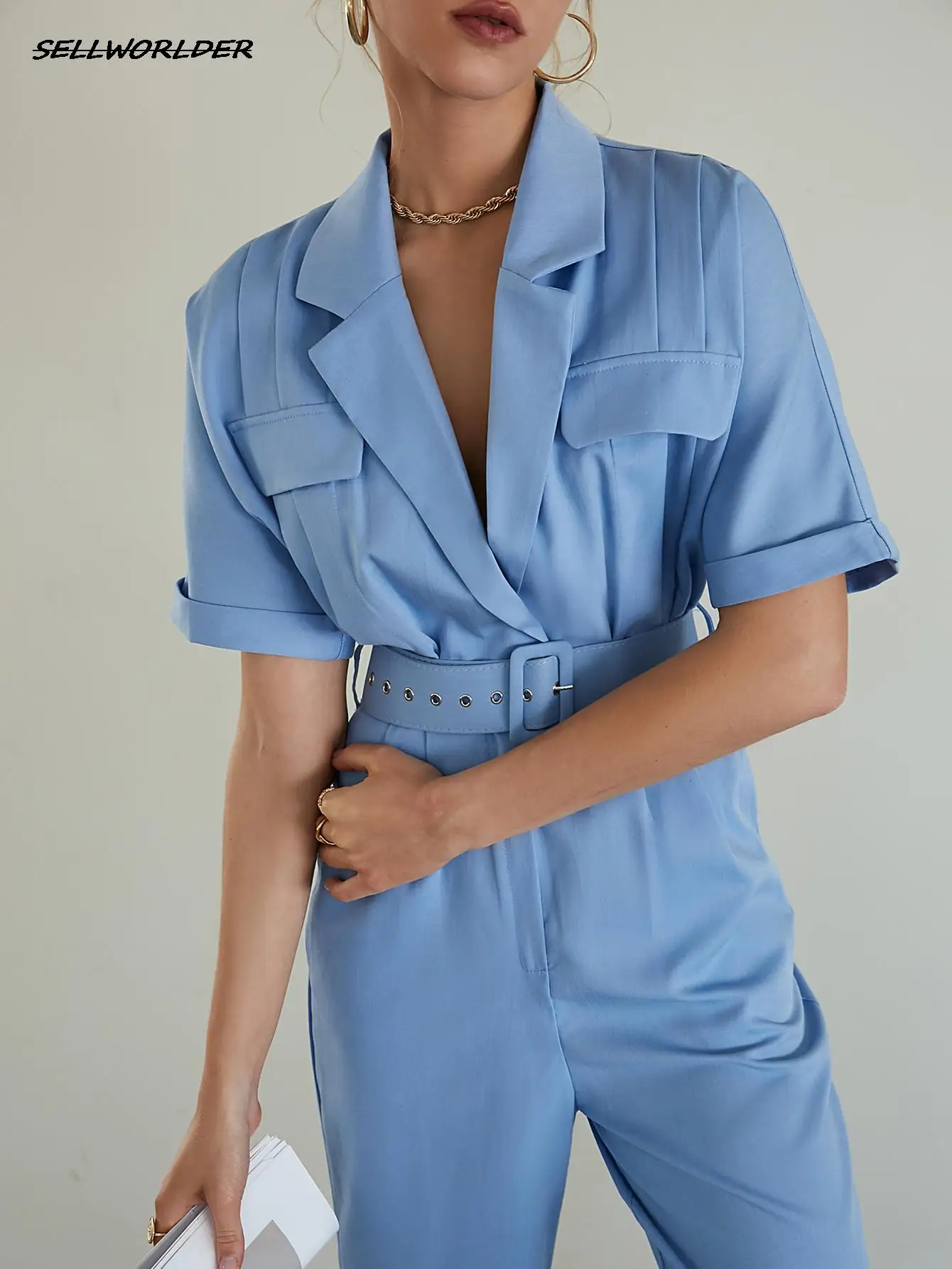 

Women Fashion Short Sleeve 2022 Summer Blazer Jumpsuit Elegant High Waist Belt Wide-leg Romper Blue Loose Work jumpsuit
