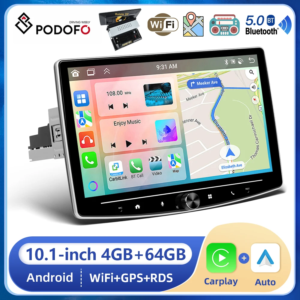Автомагнитола Podofo 1din 10 1 дюйма с поворотом на 360 ° Bluetooth wi-fi GPS