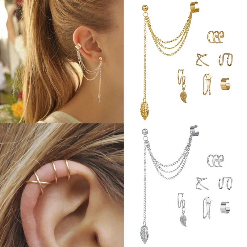 

JOZY 7pcs Fashion Star Leaves Non-Piercing Ear Clip Earrings For Women Simple Fake Cartilage Ear Cuff Jewelry Clip Accessories