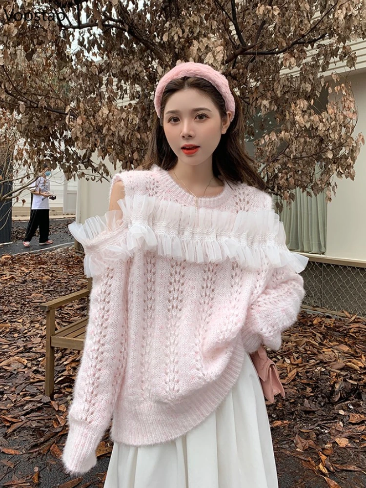 

Осенний милый мягкий вязаный пуловер, Женский шикарный сетчатый свитер с оборками и открытыми плечами, повседневный свободный свитер, женс...