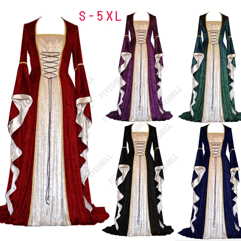 

Halloween Women European Medieval Retro Court Princess Queen Costume Victorian Velevt Dress Square Collar Cosplay costume S-5XL