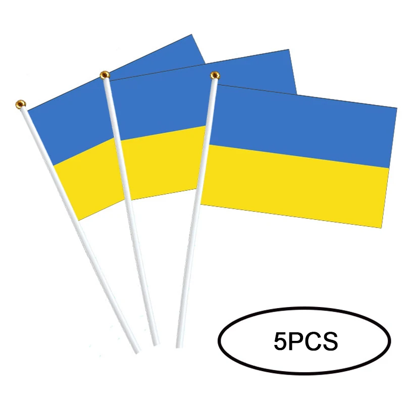 

5pcs Ukraine Stick Flag, Ukraine 14*21CM HandHeld Mini Flag With White Pole - Vivid Color and Fade Resistant For Party Parades