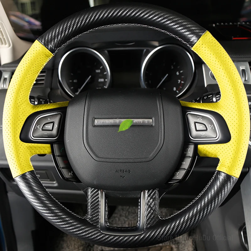 

DIY Carbon Fible Yellow Leather Car Steering Wheel Cover For Land Rover Discovery Freelander Range Rover Evoque Velar Interior