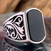 vintage mens silver color big black zircon stone open ring for male geometric irregular pattern adjustable jewelry wholesale