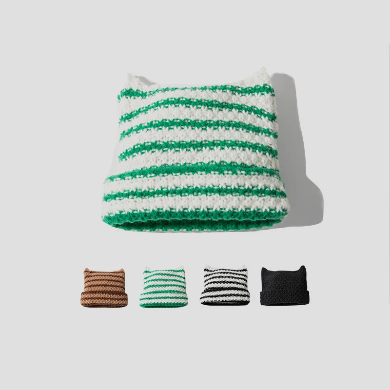 

Шапка-бини женская вязаная в полоску, милая кошачьи ушки, заостренный пуловер, японская Лыжная шапка, Осень-зима