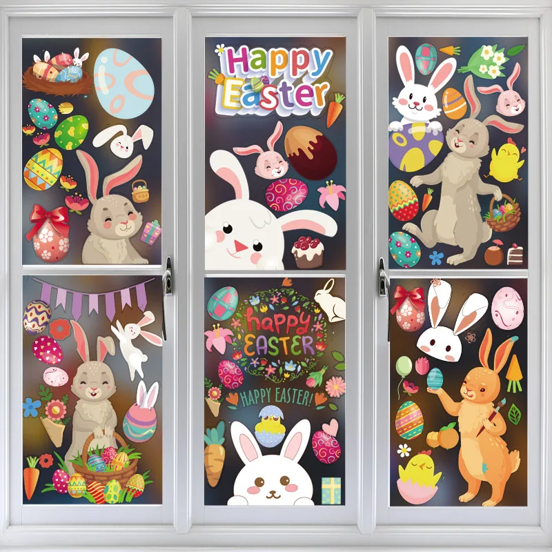 

9 Sheets/set Happy Easter Window Stickers Rabbit Eggs Chick Wall Stickers Easter Decorations for Home 2022 Easter Party Stickers