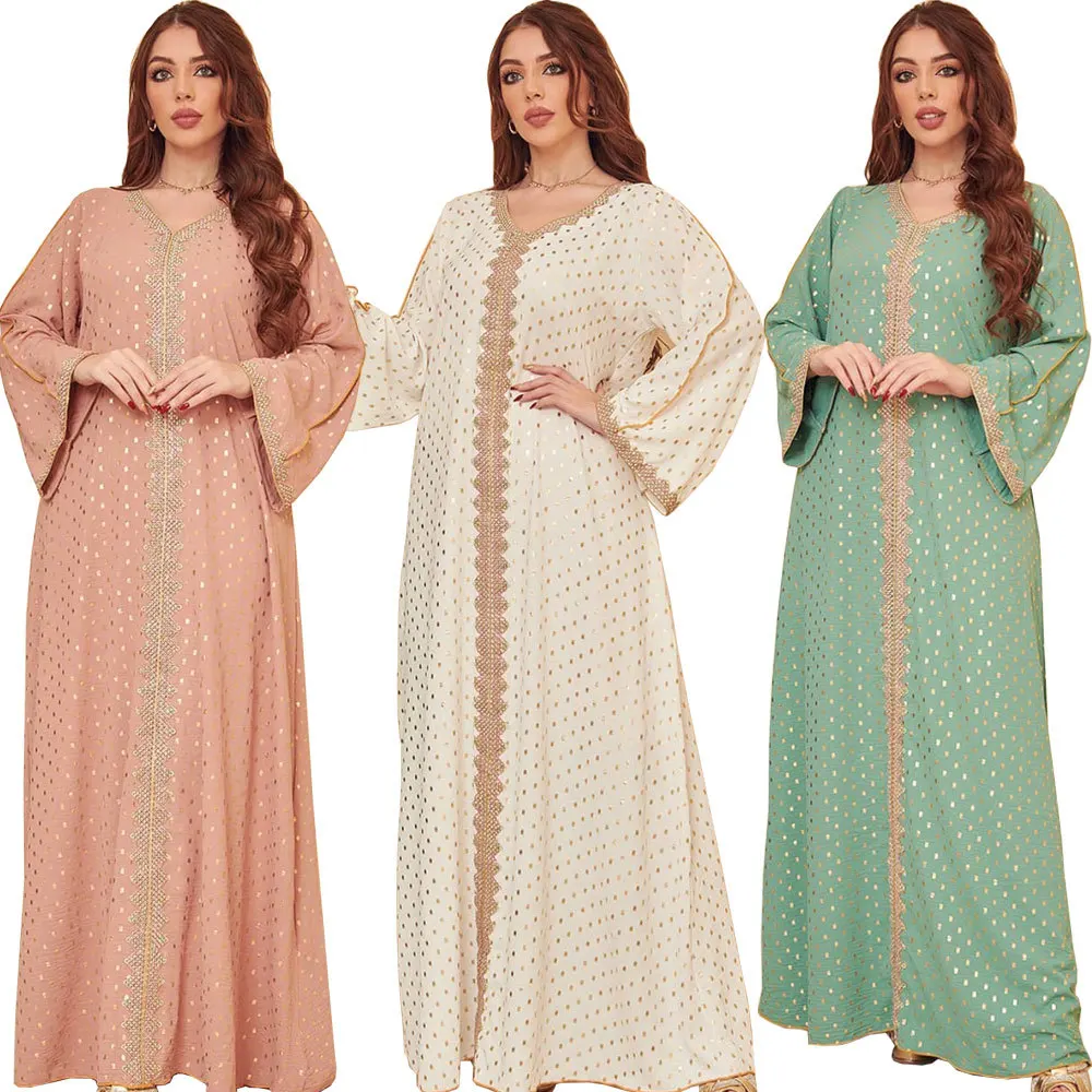 

Gold Stamping Jalabiya Kaftan Dress for Women Dubai Crinkled Crepe Fabric Casual Modest Robe Muslim Arab Moroccan Caftan Party