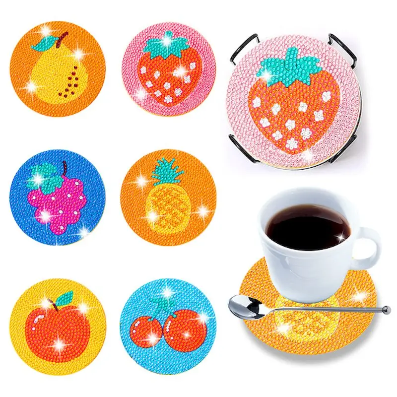 

GATYZTORY 6pc/sets Diamond Painting Coasters Kits 5D Fruit Drinks DIY Coaster Diamond Art Kits For Adults Kids Beginners