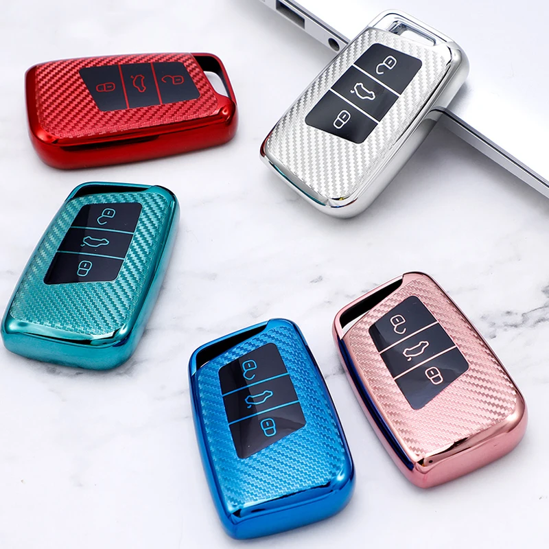 

For Volkswagen VW Golf Passat B8 Magotan For Skoda Superb A7 TPU Carbon Fiber Car Key Case Cover Bag Fob Protector Keychain