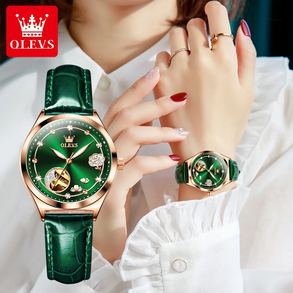 OLEVS Top Brand Luxury Green Watches for Women Leather Automatic Mechanical Bracelet Waterproof Wristwatch Gift Set enlarge
